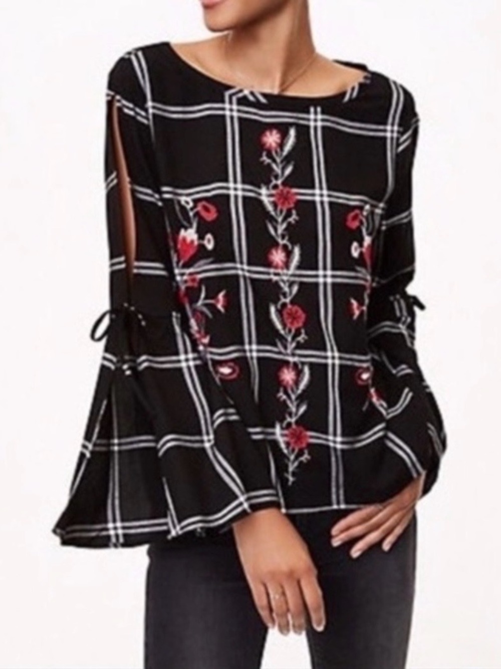 Loft Black Plaid Embroidered Floral Blouse - Women Tops size M